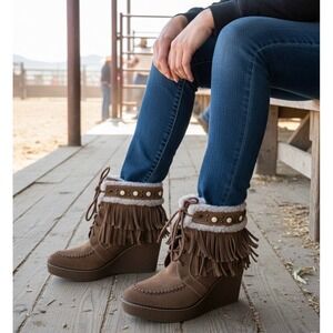 Sam Edelman Brown Suede Fringe Western Studded Wedge Lace Up Faux Fur Boots 8